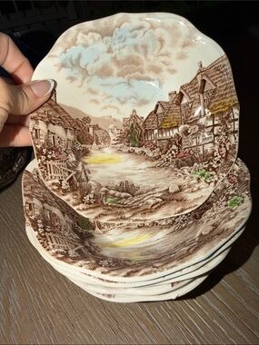 Olde English Countryside Transferware Scenic Bowls - Brown & Cream set 6 1/2